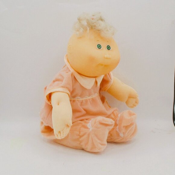 1989 Cabbage Patch Kid Doll In Peach Outfit Platinum Top Knot Green Eyes Soft Bo - Picture 7 of 8